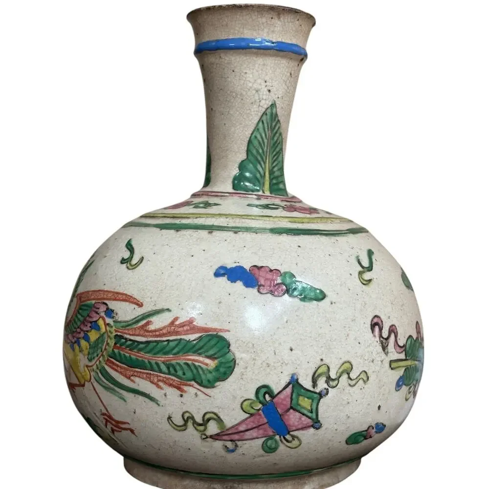 Chinese Phoenix Bottle Vase Crackle Glaze Famille Rose Style Floral Vtg Decor
